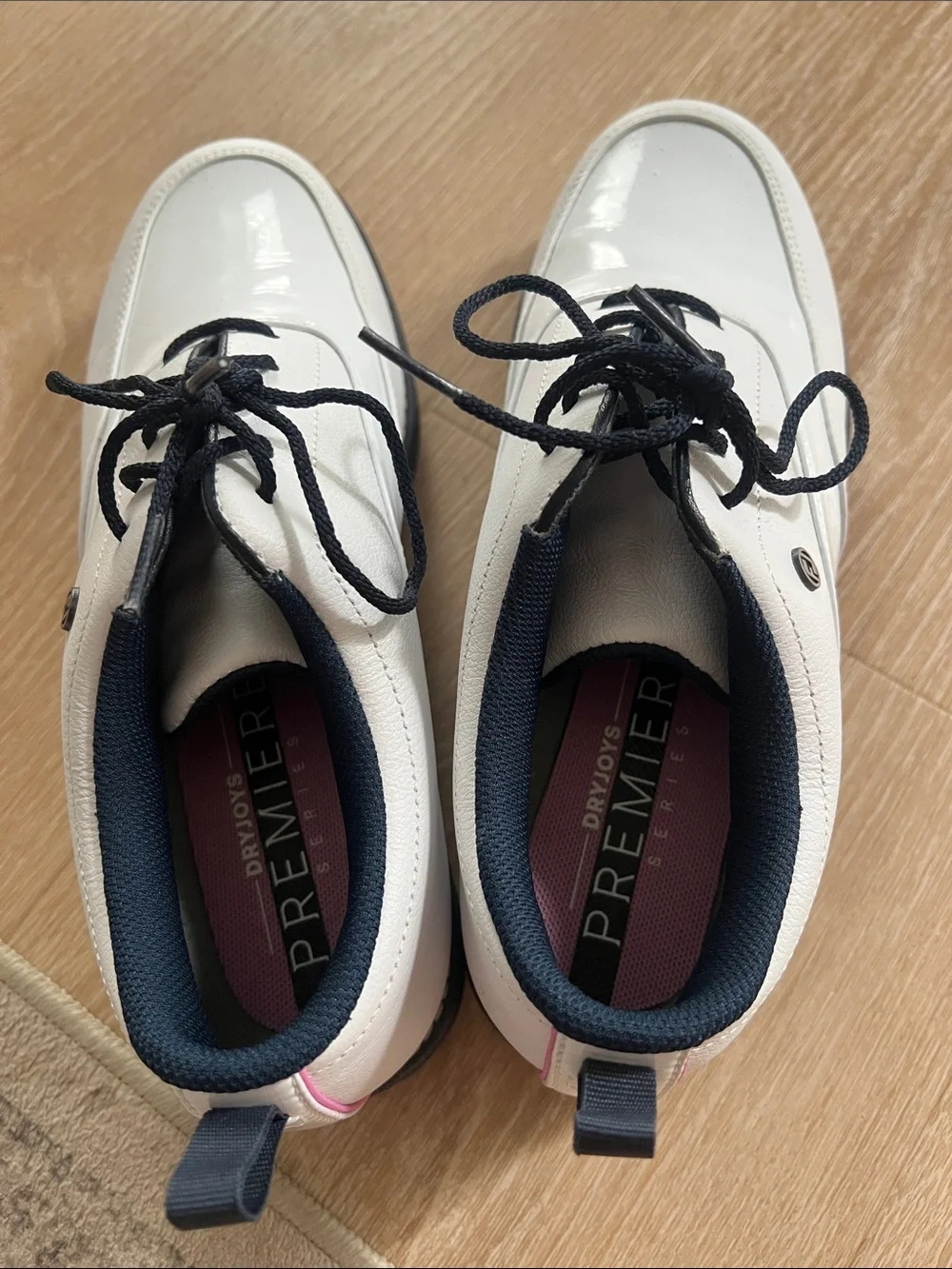 Footjoy White Leather Golf Shoes with Black Trim and Pink Heel Accent 9